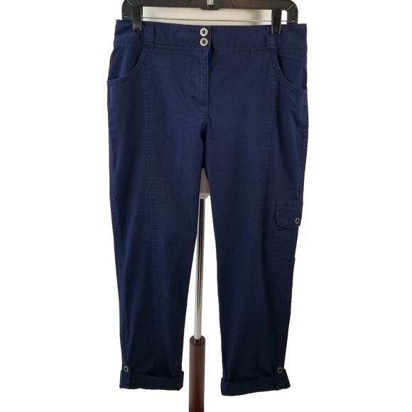 Chico's Navy Blue Cargo Pant Roll Cuff Pockets Elastic Waist Size 0.5 - Picture 1 of 4